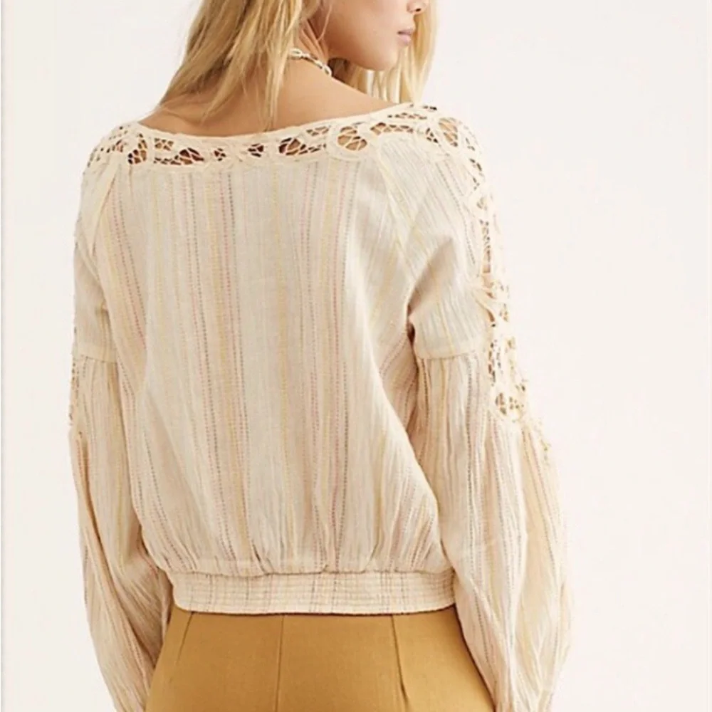 Free People Cream Lace & Striped Detail Peasant Top, XS